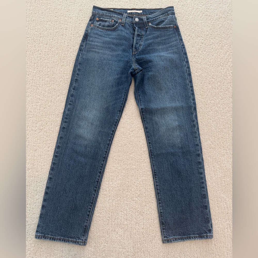 Levi’s wedgie straight denim. Size 27 and 28” inseam. Worn once. Low stretch.
